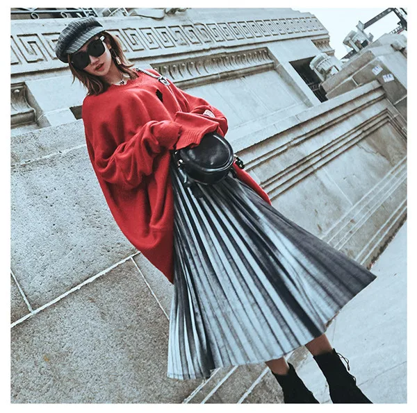 grey skirt Корейский стиль, длинная бархатная юбка для женщин, Осень-зима, плиссированная повседневная юбка, эластичная юбка-пачка с высокой талией, юбки для женщин, розовый, красный - Цвет: grey skirt