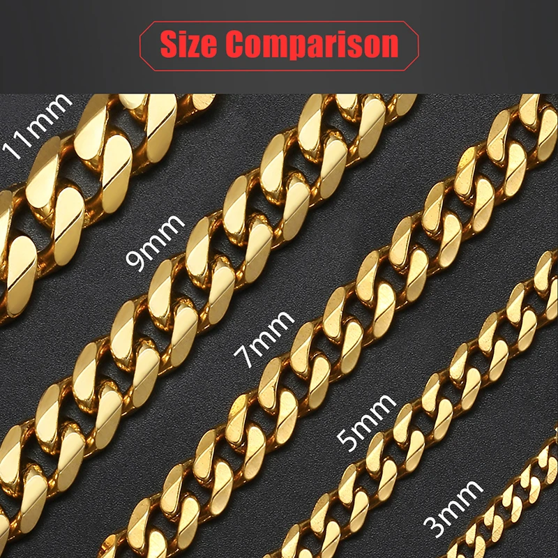 3/5/7/9/11mm 24&quot Men's Necklace 5Pcs/Lot Stainless Steel Cuban Link Chain Gold Color for Men Wholesale Jewelry KNM08A | Украшения и