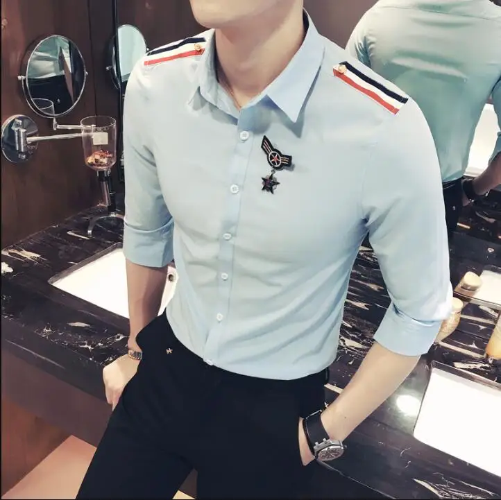 British Harajuku Mens Shirts Medal Designer Pink Camisa Social Slim Fit Dress Blouse Men Short Sleeve Casual Shirt Plus Size 5XL | Мужская