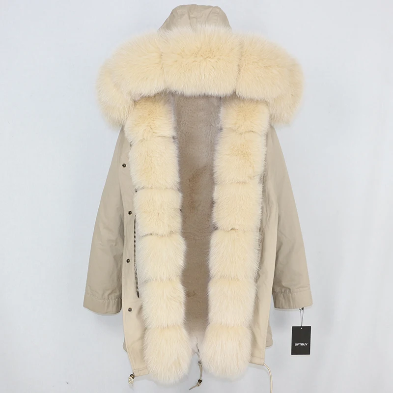 full beige OFTBUY длинная парка, пальто с натуральным мехом, зимняя куртка для женщин, Воротник из натурального Лисьего меха, Толстая теплая брендовая Роскошная Съемная уличная одежда - Цвет: full beige