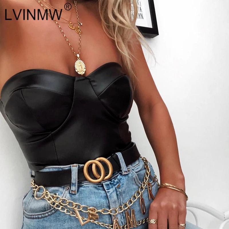 Женские топики без бретелек LVINMW черные из искусственной кожи с открытой спиной
