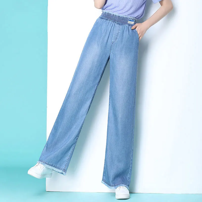Spring Summer New Fashion Women Tencel Wide Leg Pants High Waist thin Straight Trousers Blue Denim Casual Long D59 | Женская одежда