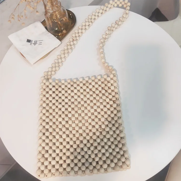 Модная женская сумка с деревянными бусинами вязаный жемчужный клатч ручной