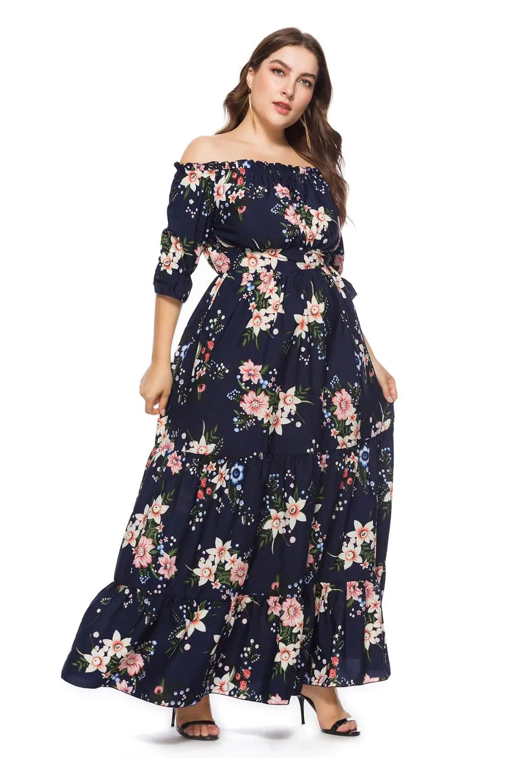 

Plus Size Dress Elegant Floral Print Boho Wrap Long Dress Women Casual Off Shoulder Short Sleeve Beach Dresses Holiday vestidos