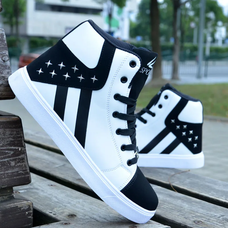 

Men High Help Korean Hip Hop Shoes 2019 New Fashion High Top Casual Shoes For Men PU Leather Lace Breathable Men High Top Shoes