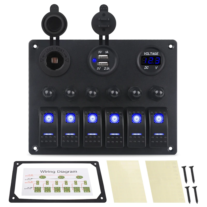 

6 Gang Car Control Panel Switch Boat Marine With Circuit Breakers + Led Voltmeter Car Switches + Dual USB Charger