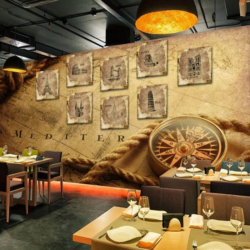 Фотообои в стиле ретро с картой парижской башней баром кофейней фотообои