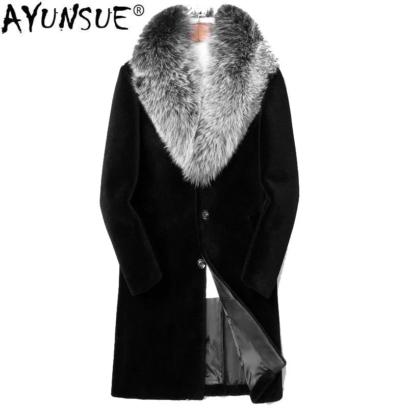 

AYUNSUE Натуральная Овечья шерсть пальто с мехом зимняя куртка Для мужчин 100% Шерстяное пальто лисий меховой воротник длинное пальто Для мужчин...