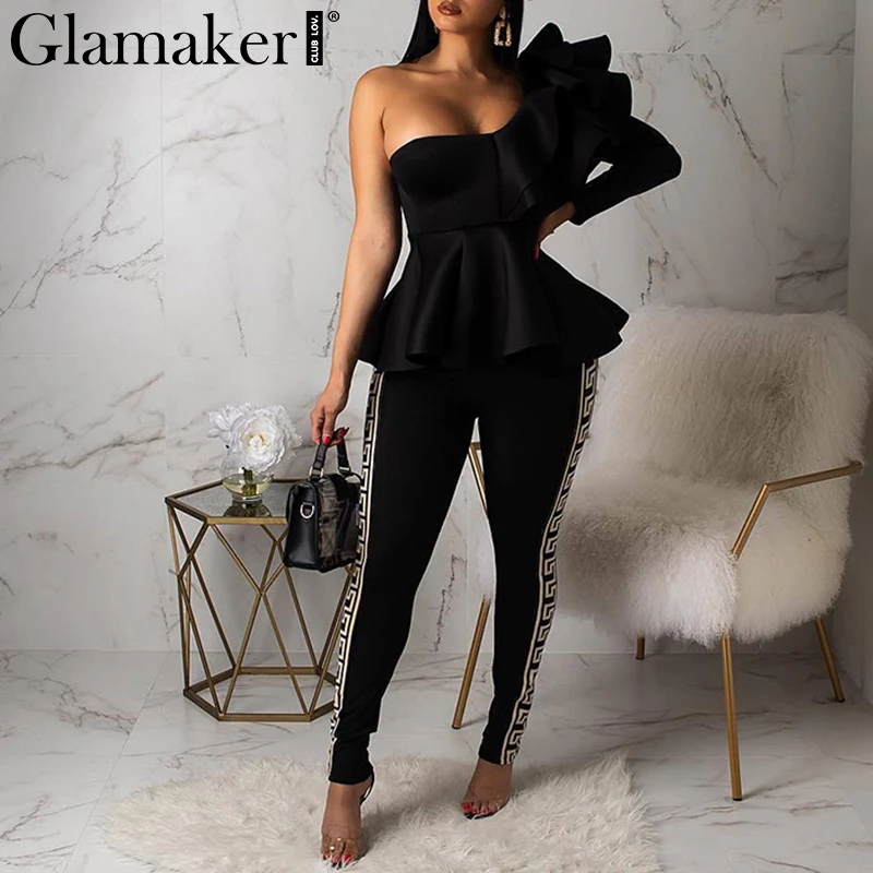 Glamaker Сексуальная Блузка на одно плечо с оборками, женская белая облегающая блузка с длинным рукавом, женские вечерние топы с баской и высокой талией