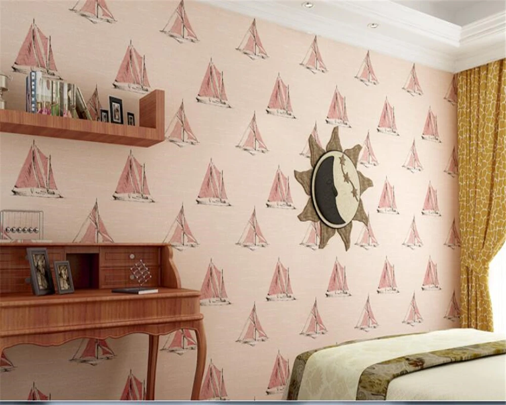 

beibehang wallpapers for living room Mediterranean behang cartoon sailing children's room warm non-woven green British wallpaper