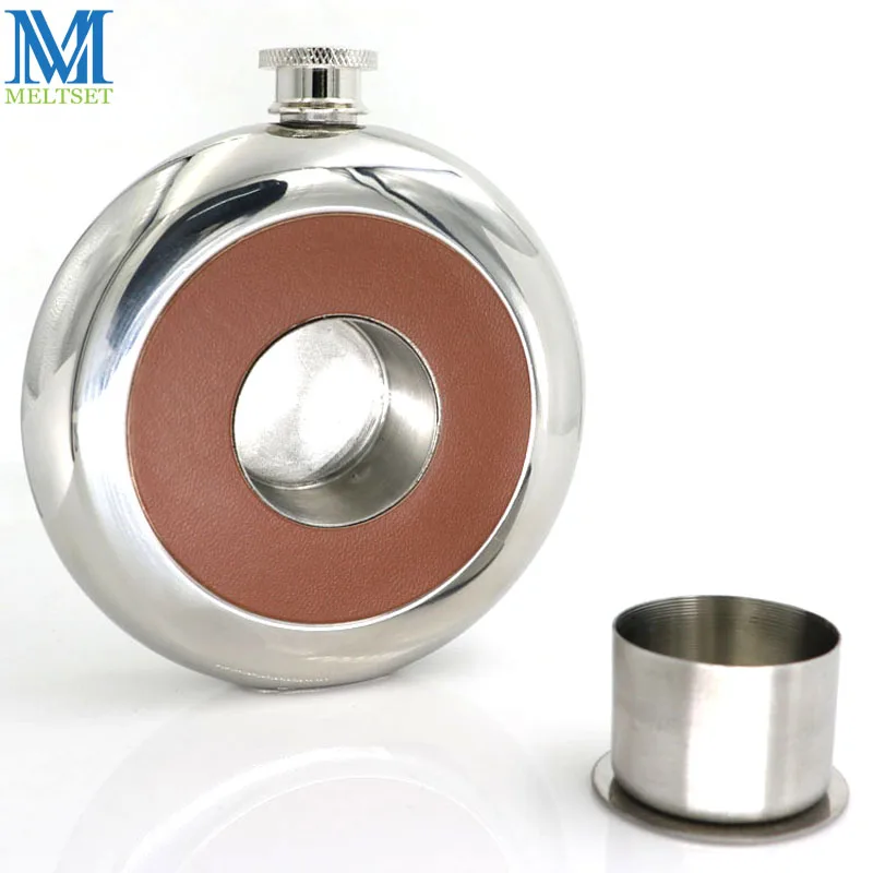 Круглая карманная фляга из нержавеющей стали со встроенным стеклом 5 унций для