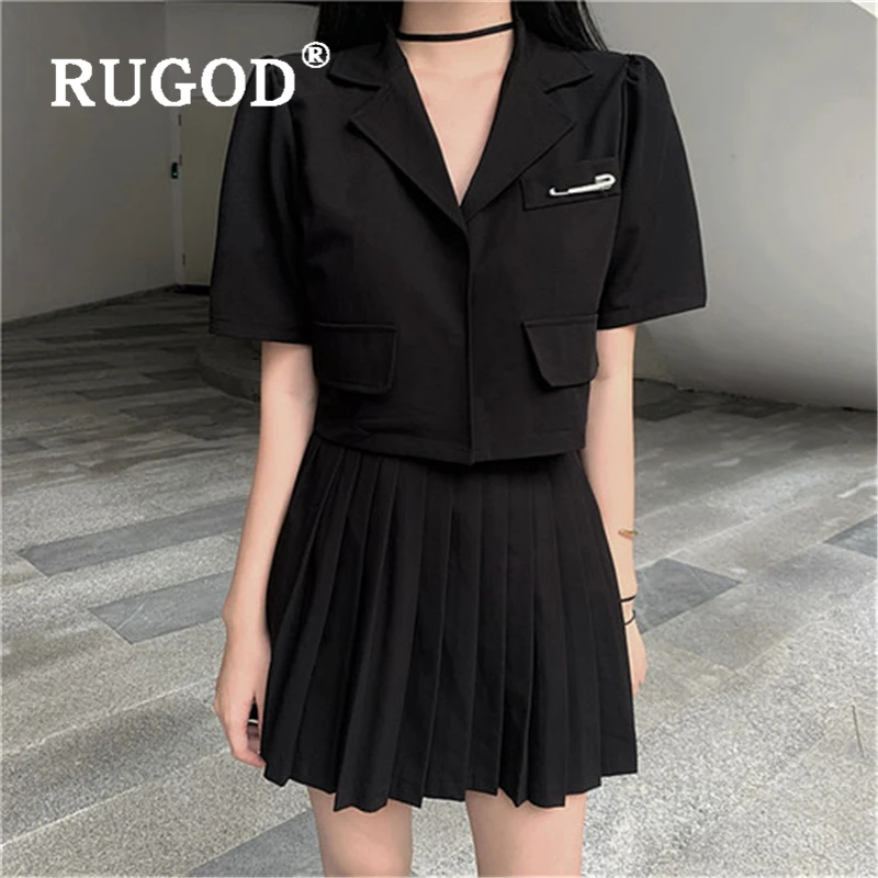 Женский костюм с юбкой RUGOD элегантный однотонный топ отложным воротником и