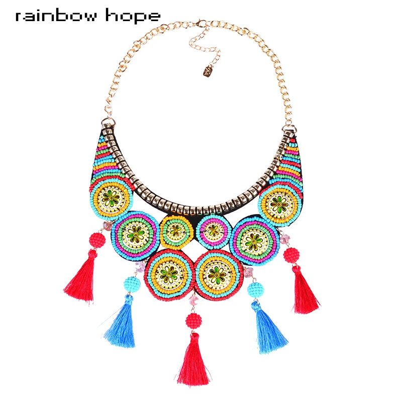 Разноцветные Бусины из смолы богемные воротники с кисточками ожерелье для