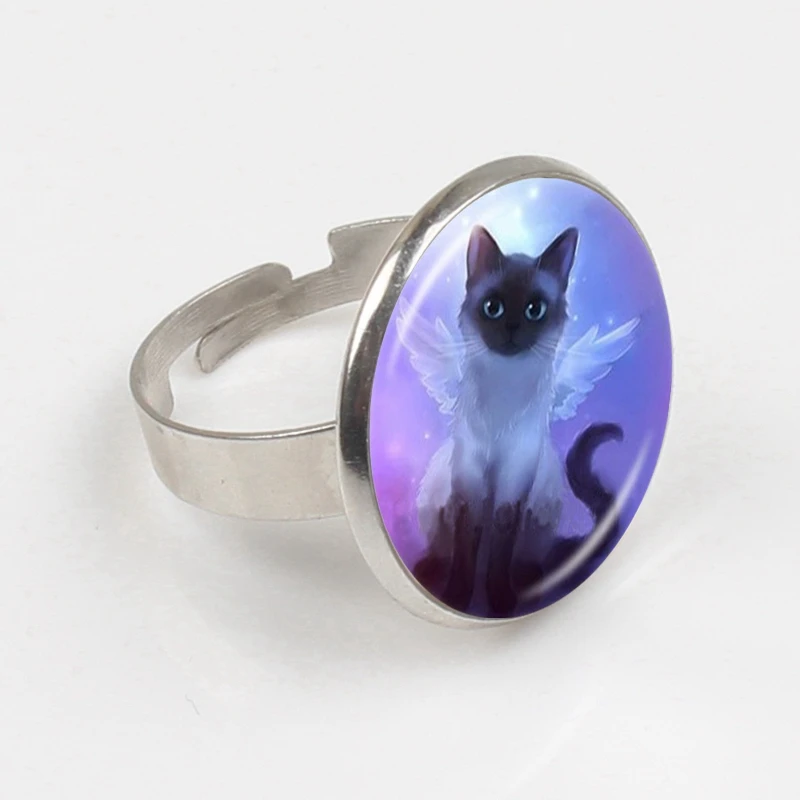Cute Grey Fairy Cat Photo Ring Angel Wing Kitten Jewelry Animal Sweater Glass Dome Jewellery | Украшения и аксессуары