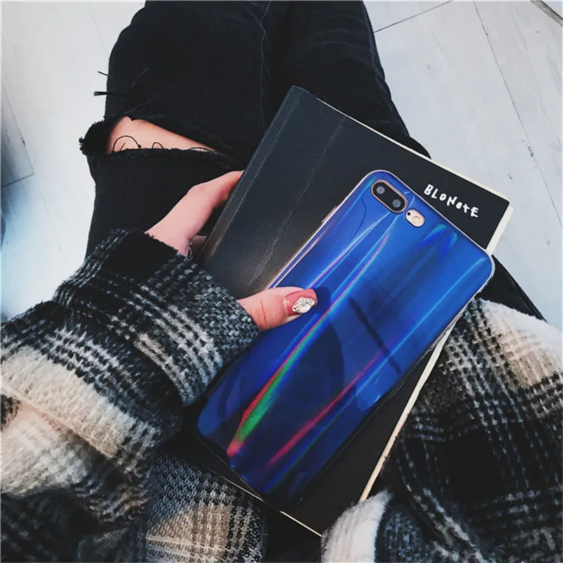 QINUO Blue Purple Holographic High quality Laser Case For iPhone 5 7 8 6S Plus X XS Max XR Soft Silicone Cases Back Cover Funda |