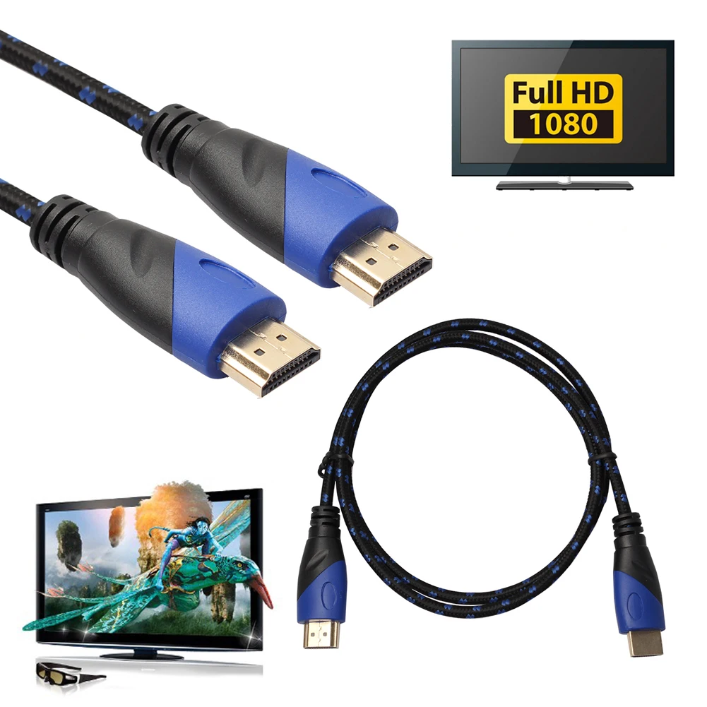 Высокая скорость плетеный кабель HDMI позолоченное соединение Черный Синий Сетка 1080 P, 0,5 м, 1 м, 1,8 м, 3 м, 5 м, 10 М V1.4 AV HD 3D для Xbox HDTV