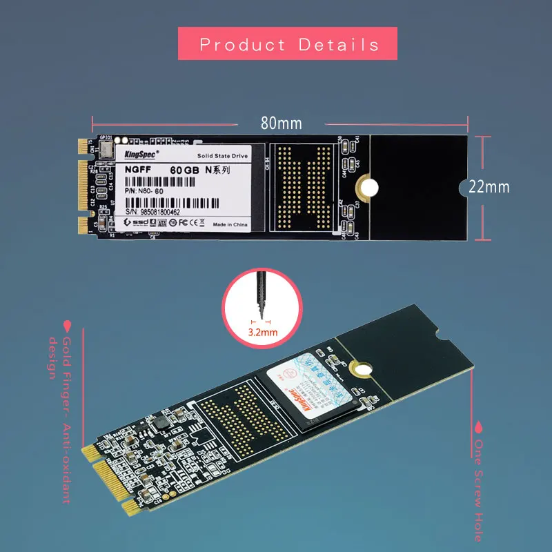 Kingspec 2280 NGFF M.2 SSD 64 ГБ 128 твердотельный диск 6gbps MLC флэш памяти Рамс для