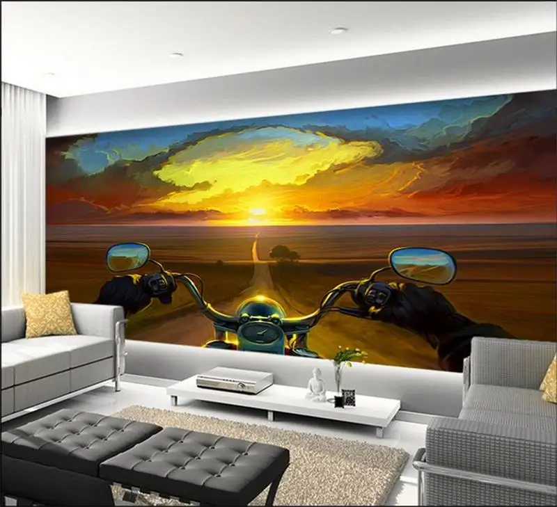3d обои на заказ комнаты фрески нетканые наклейки мотоцикл всадник Фото Диван ТВ