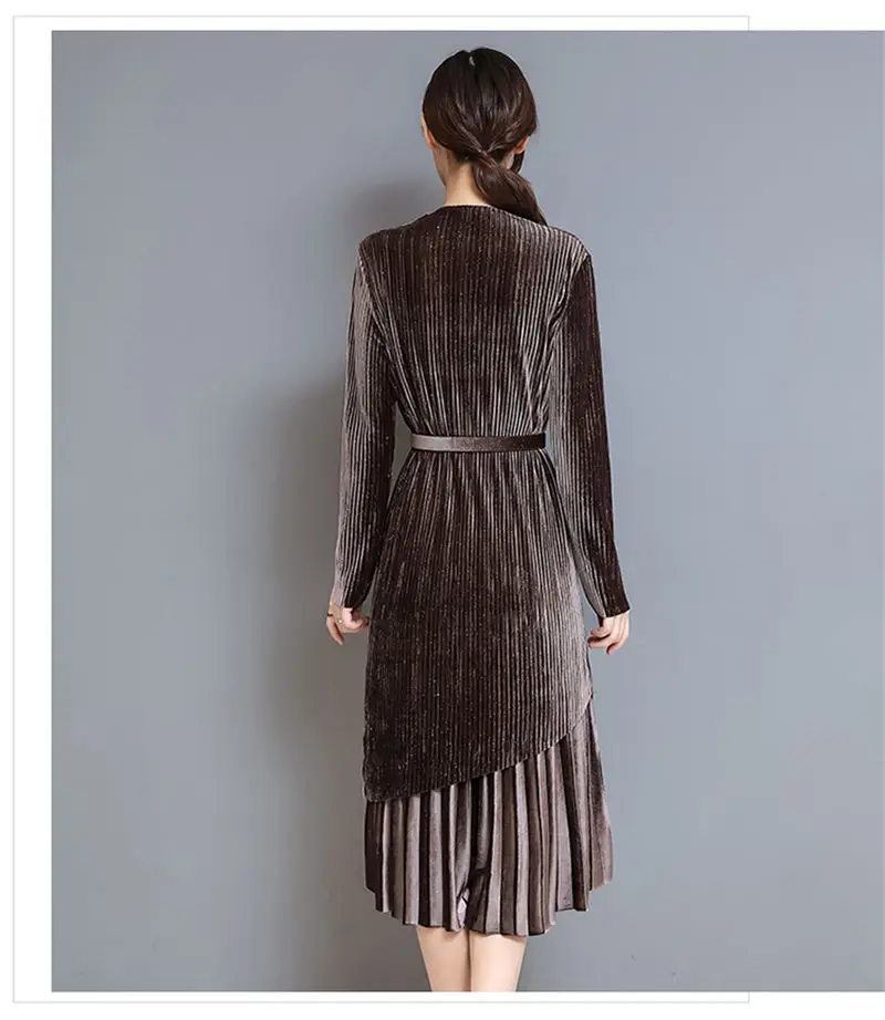 Fashion Autumn Winter Women Dress Elegant Sexy Pleate Female Dress Vintage Long Sleeve Velvet Two-piece suit Dresses vestidos