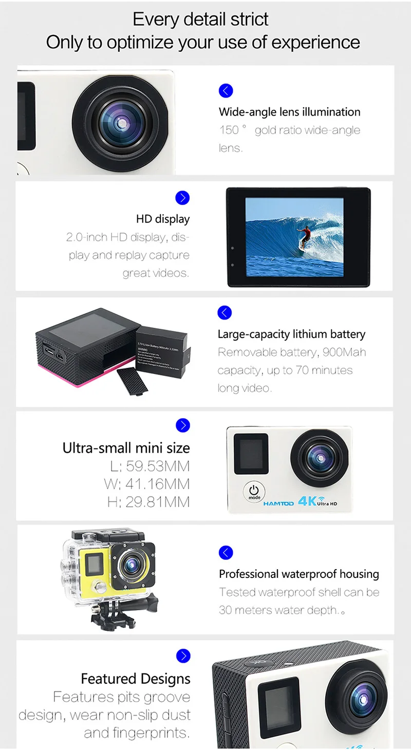 HAMTOD H6A 4K WiFi Экшн-камера 2,0 дюймов ЖК-экран 1080P HD Дайвинг Водонепроницаемая мини видеокамера Спортивная камера s, объектив 140 градусов