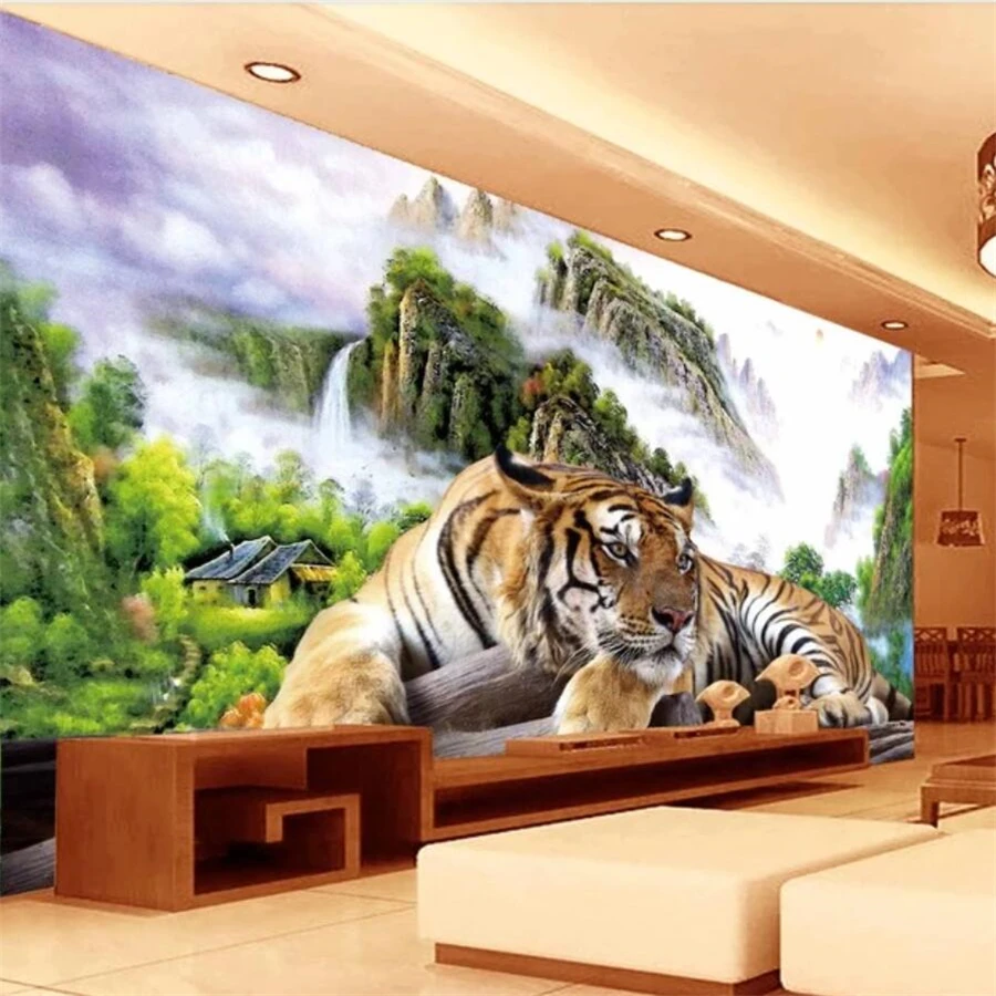 beibehang Custom wallpaper 3d mural tiger down the mountain king domineering TV sofa living room background | Обустройство дома