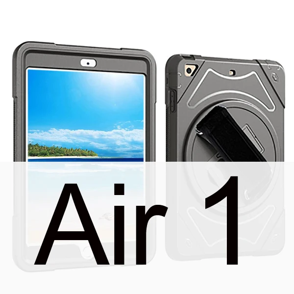 Для iPad Air 2 Air 1 чехол для детей с ремешком на руку, наплечный ремень, 360, с подставкой, противоударный, полный защитный силиконовый+ PC чехол для студентов - Цвет: Black for air 1