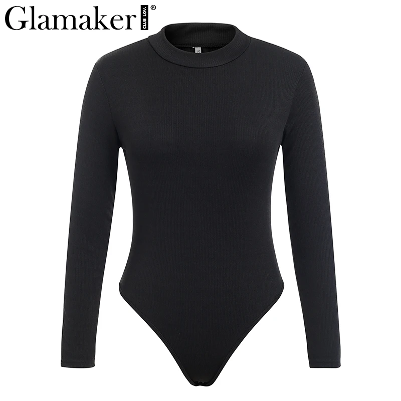 Черный Glamaker, трикотажный сексуальный облегающий боди с высоким воротом, женский короткий комбинезон с пуговицами, женский комбинезон с длинным рукавом, повседневный комбинезон - Цвет: Черный