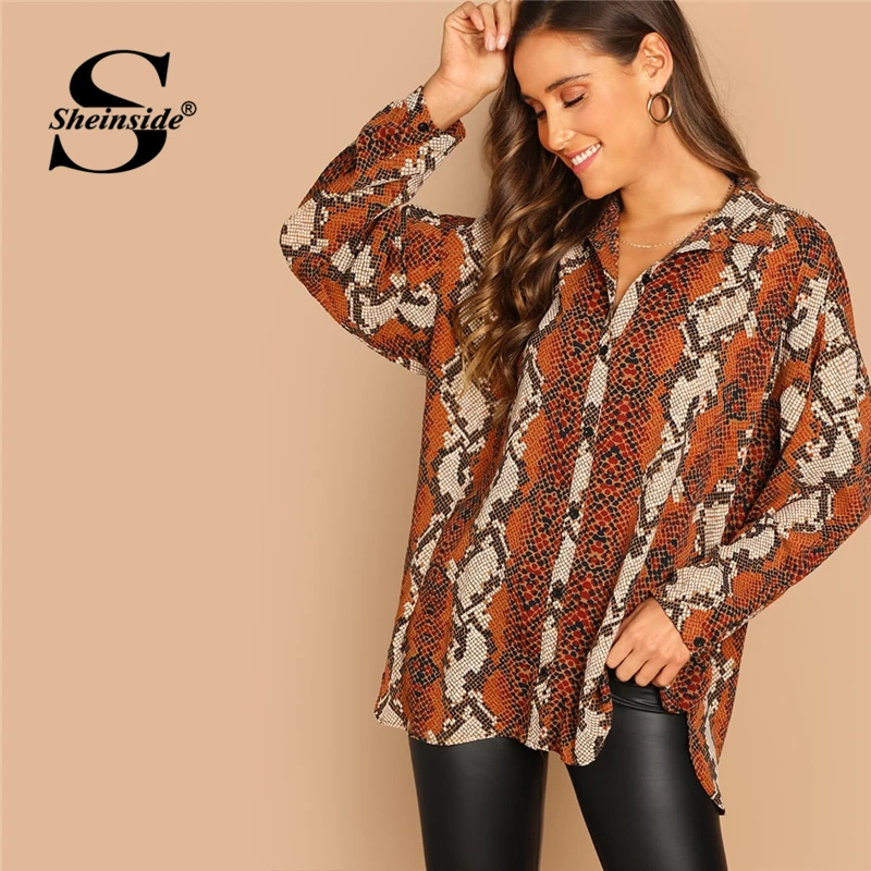 Sheinside Oversized Snake Print Women Blouse Shirt Autumn Long Sleeve Top Female OL Work Casual Womens Tops And Blouses