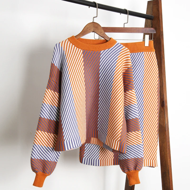 

2019 Women Irregular Striped Knitted Sweater Pullovers+Skirts 2 Pieces Sets Casual Cloth Suits