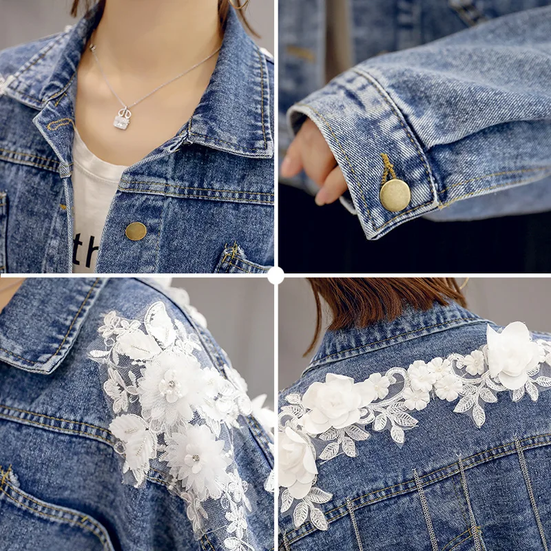 Korobov Autumn New Flower Appliques Denim Jackets Women Single Breasted Pockets Crop Jacket Korean Tassel Jeans 78197 | Женская одежда