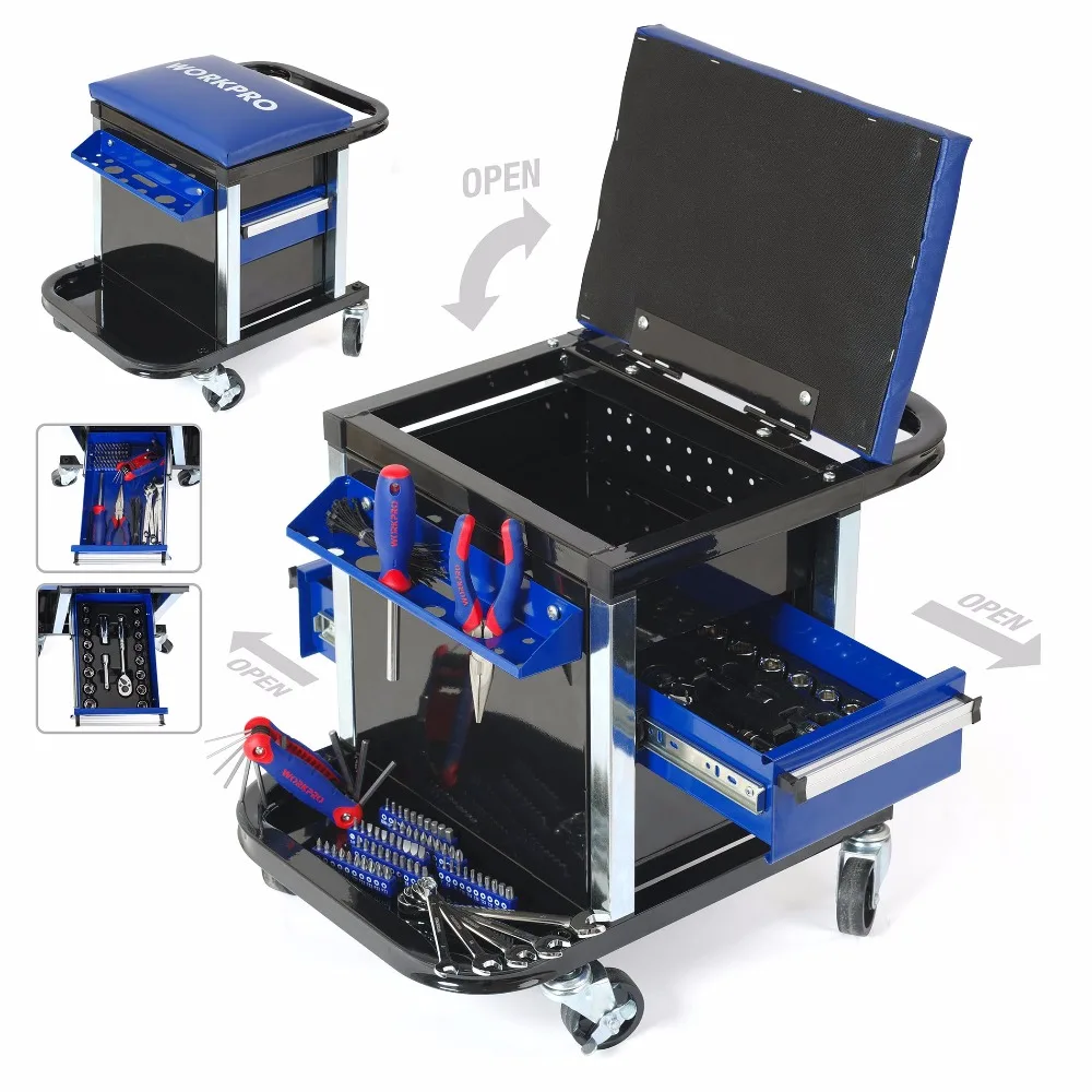 WORKPRO 135PC Набор инструментов подвижный верстак сиденье ремонт автомобиля набор инструментов табурет