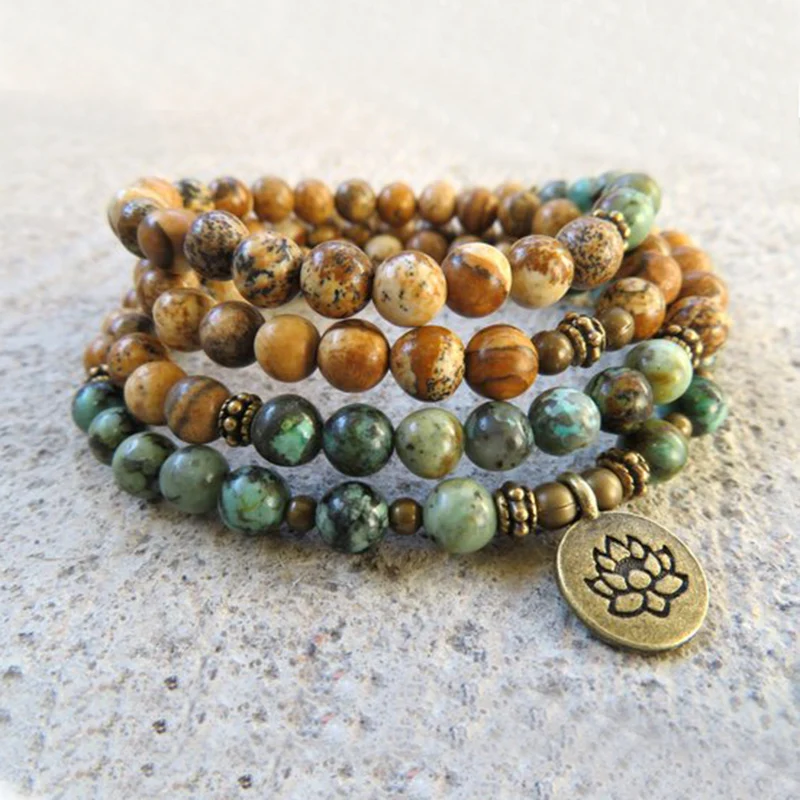 108 mala beads браслет Lotus Yoga Штабелируемый индийский камень и Африканский T urquoise из
