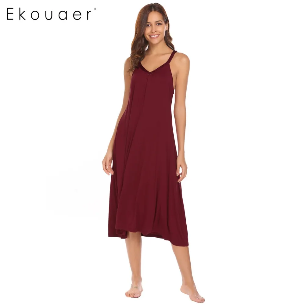 Ekouaer Night Dress Women Lingerie Sleepwear V-Neck Sleeveless Midi Sleep Dress Loungewear Nighty Sleepshirts Cotton Nightgown