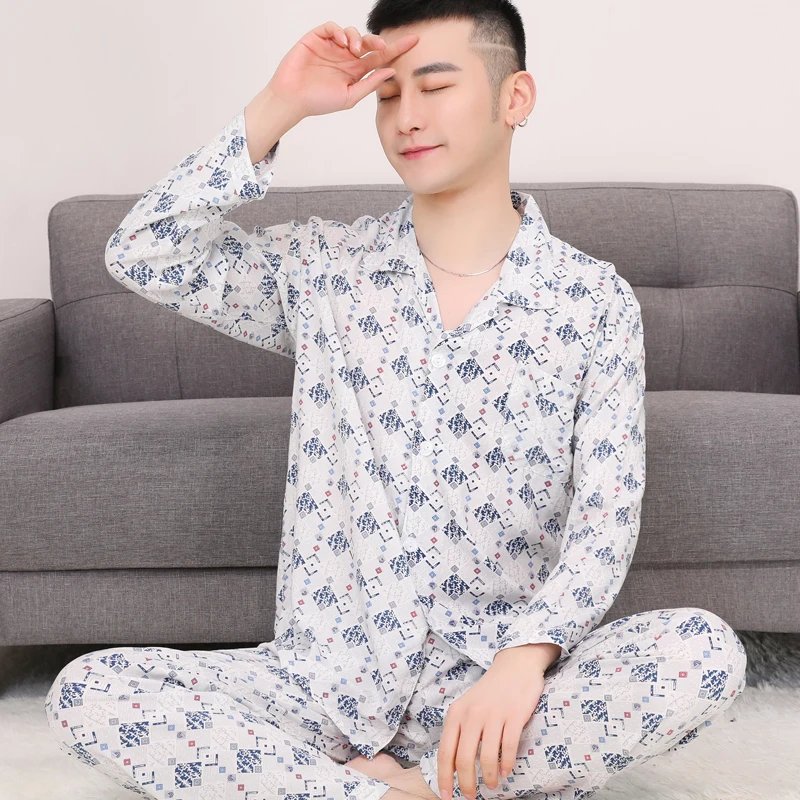 and white porcelain Мужской пижамный комплект из хлопка, полосатая Пижама с отложным воротником, мужская пижама из двух частей, Мужская пижама размера плюс L-3X, домашняя одежда - Цвет: and white porcelain