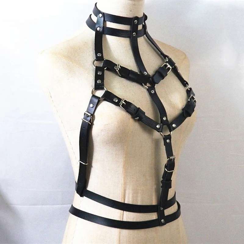 Punk Leather Tank Top Sexy Backless O Neck Hollow Out Crop Tops Handmade Metal Rivets Buckle Strap Top Rave Festival Clothing