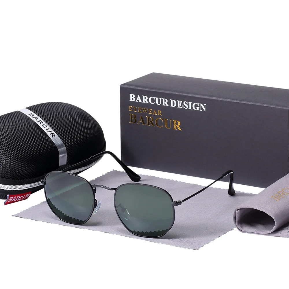 BARCUR UV400, стеклянные линзы, солнцезащитные очки для мужчин, Ретро стиль, металлические шестиугольные Круглые Солнцезащитные очки для женщин, винтажные очки для глаз, es Oculos De Sol - Цвет линз: Black Green