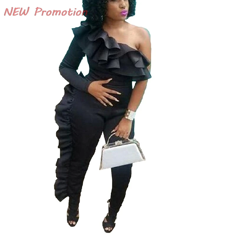 Черный женский комбинезон с оборками на одно плечо 2019 женские комбинезоны модные