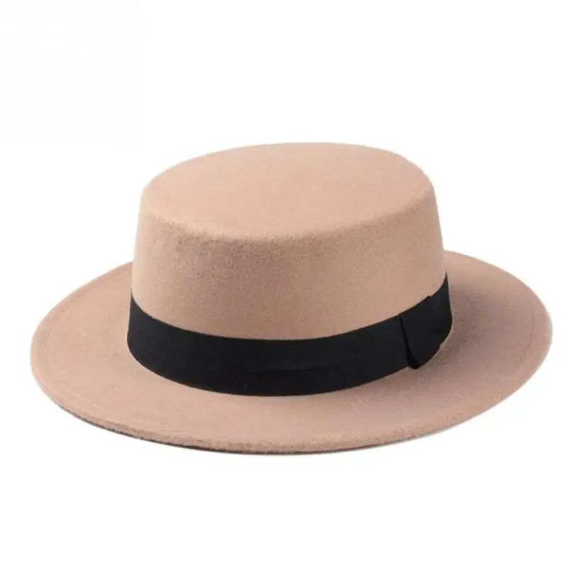 New Fashion Wool Boater Flat Top Hat For Women Felt Wide Brim Fedora |