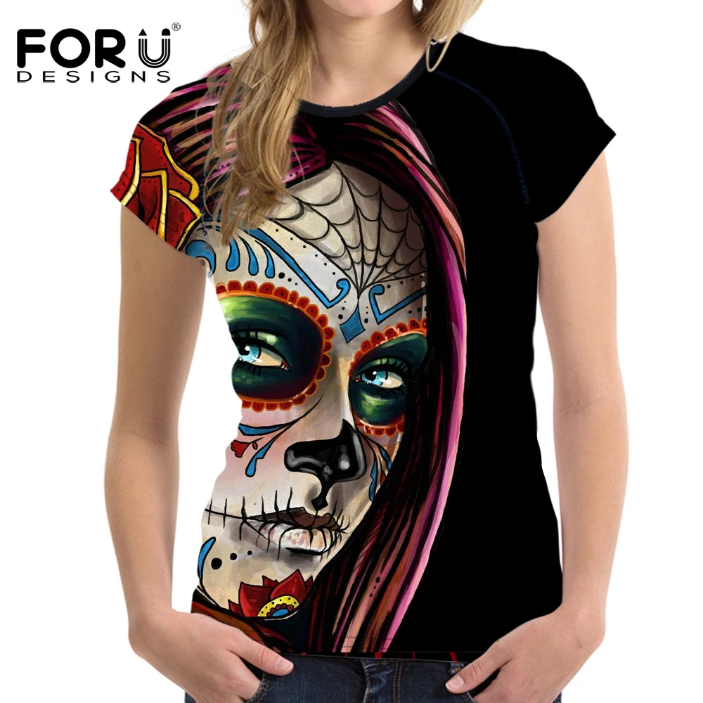 FORUDESIGNS/Летняя женская футболка в стиле панк с объемным черепом тонкая для