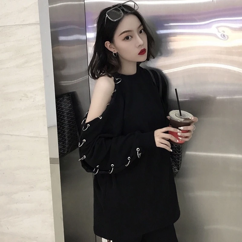 Женская Корейская Толстовка Harajuku Топ 2019 Весна BF шикарный стиль черный с
