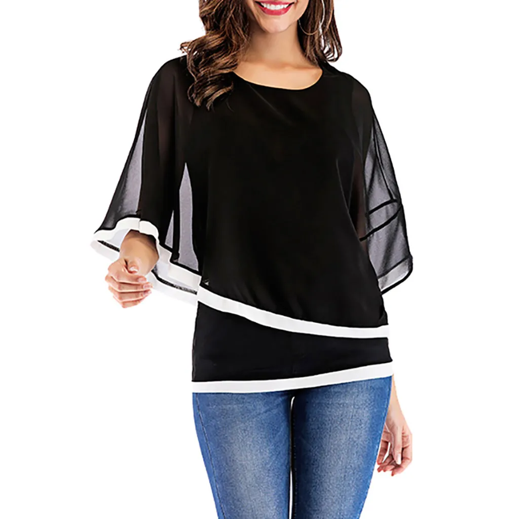 CHAMSGEND женская летняя Шифоновая туника с круглым вырезом и рукавами