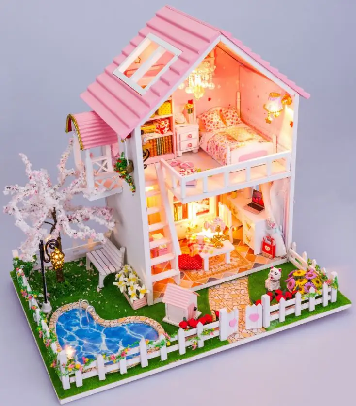 Игрушки и Хобби Ассамблея DIY Деревянный Кукольный Домик Романтический Сакура