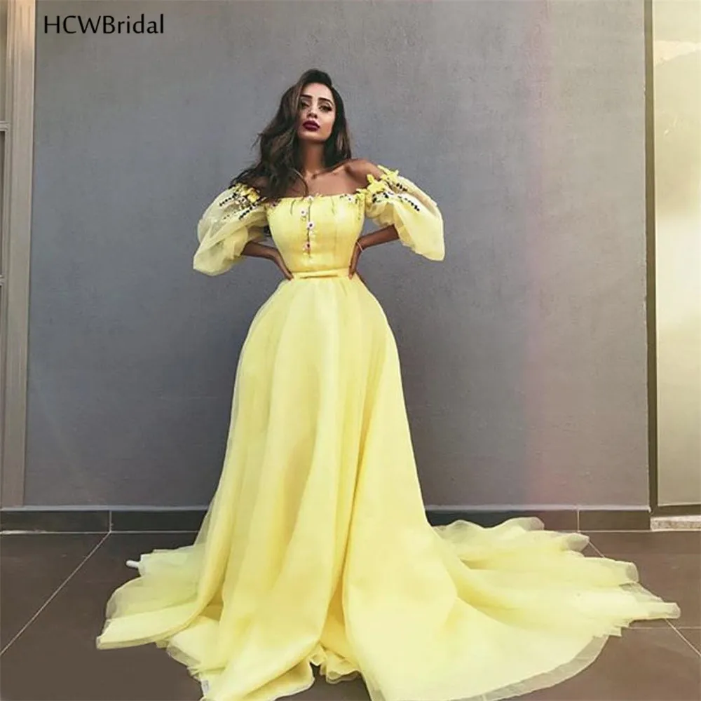 

Yellow Arabic Evening Dress Off The Shoulder Long Train A Line 2020 Crystals Organza Prom Gowns Custom Made Formal Women Dresses