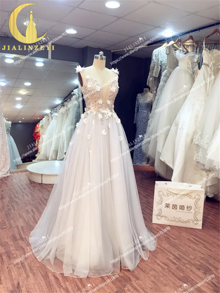 JIALINZEYI Real Image Sample Sexy Sexy V Neck Light Grey Crystal Flowers Tulle A-line Fashion party dresses evening dress 2020