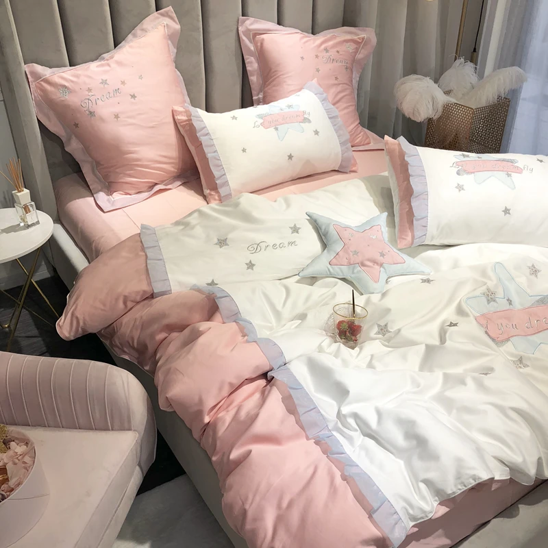 Розовый девушка постельные принадлежности Сердце комплект 600TC египетского