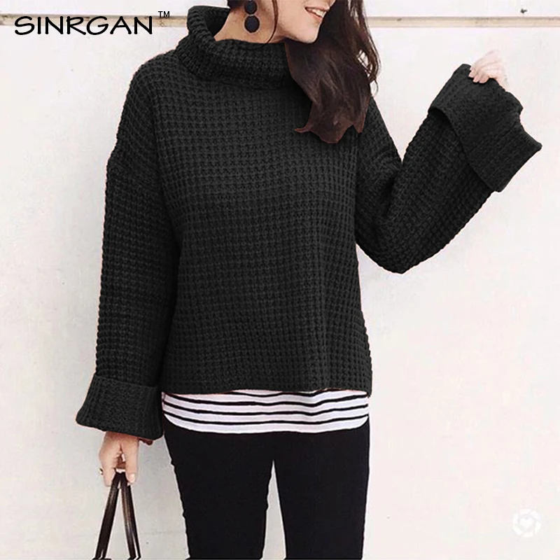 SINRGAN Loose long sleeve knitting turtleneck women pullover jumper oversized winter clothes solid casual streetwear coat | Женская