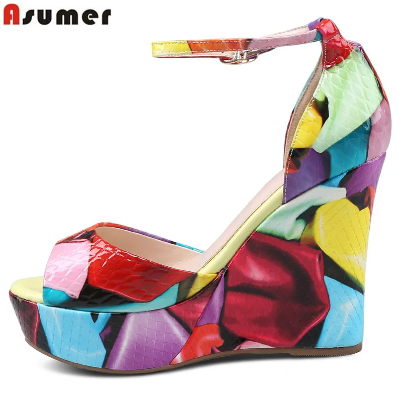 

ASUMER 2021 New Top quality Cow leather women sandals peep toe wedges high heels printing leather summer ladies party shoes