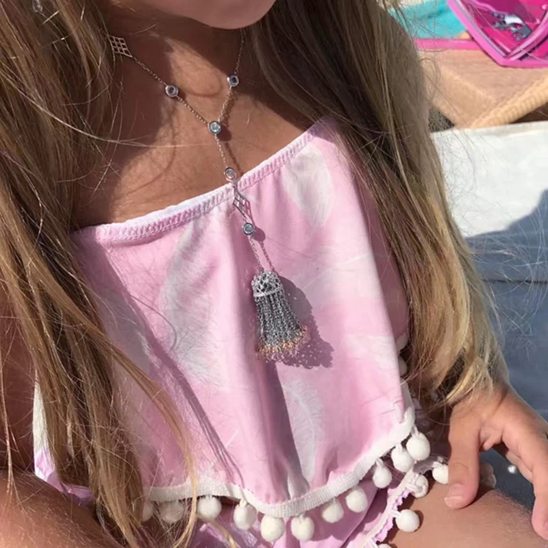 

Solid 925 Sterling Silver Zircon Water Drop Crystal Tassel Necklace Hollow Flower Star Charm Necklace Women Wedding Jewelry