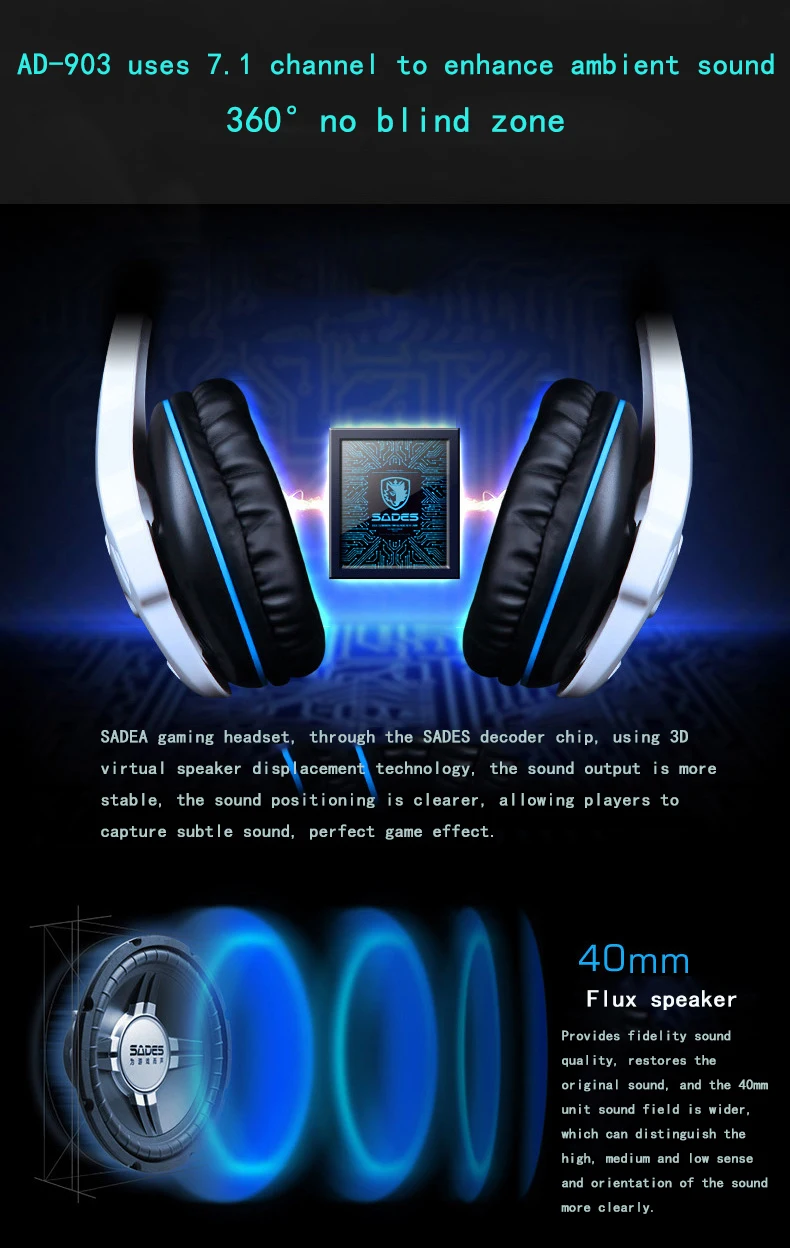 SADES SA-903, высокопроизводительные 7,1 Наушники с USB для ПК, глубокие басы, игровые наушники с светодиодный Micphone для PC Gamer