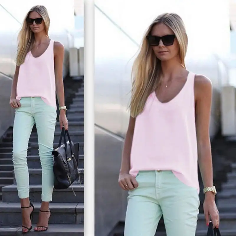 Летняя женская рубашка шифоновые топы без рукавов блузки одежда Элегантные